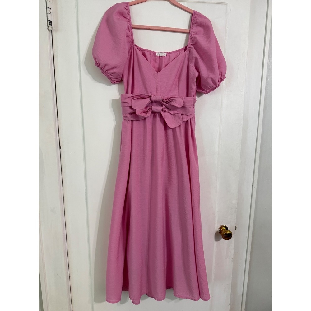 Blu Pepper Pink Puff Sleeve Bow Waist Midi Dress Sweetheart Neckline Large